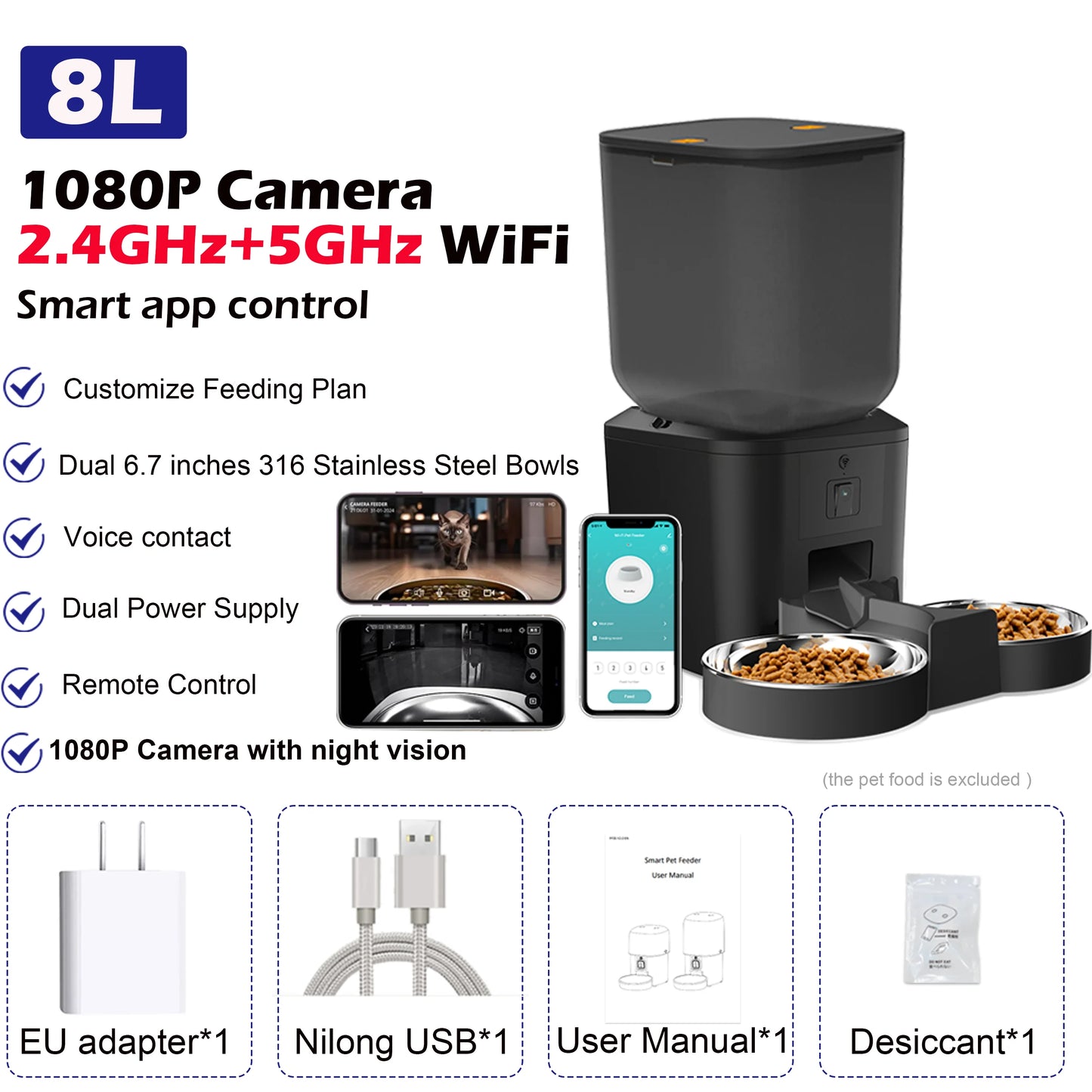 SnugPet™ 8L Automatic Cat & Dog Feeder with 1080p Camera – 5G WiFi Smart Food Dispenser with Voice Recorder & Tuya APP Control