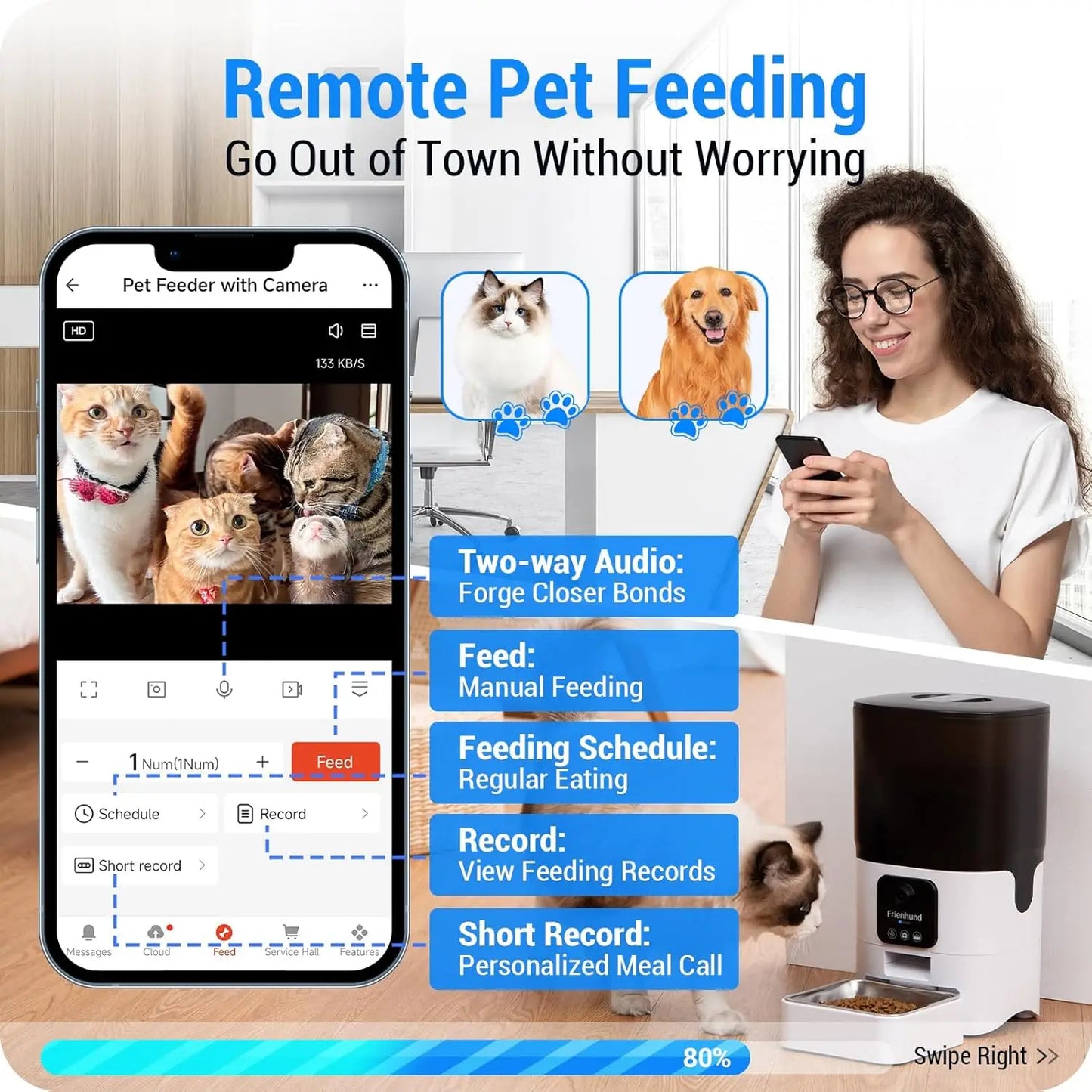 SnugPet™ Smart Camera Automatic Cat Feeder 1080P HD Live View with Night Vision 5G Automatic Dog Feeder with Two-Way Audio Detachable